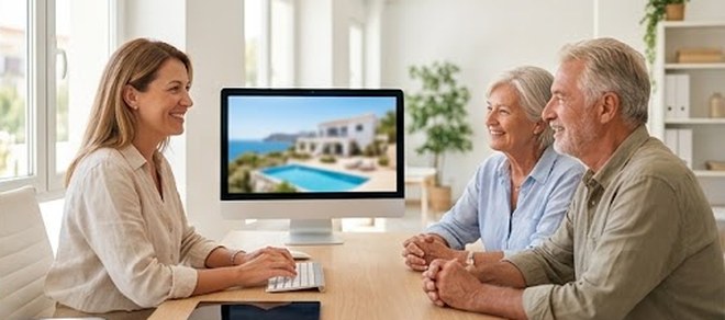 Une conseillère de l’agence montre une villa à un couple de clients